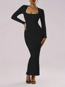 Square Neck Langarm Maxi Kleid Rippenstrick Slim Fit Sexy Seitenschlitz Elegant Bodycon Party Abend Damen