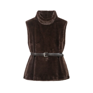 Gilet in ecopelliccia marrone scuro con collo alto e cintura in pelle autunno inverno