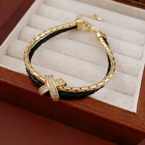 Elegant gold-plated double-layer bracelet with green leather cord and zircon cross charm