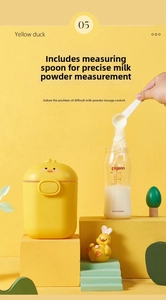Detail view of cartoon duck milk powder container showing the precise measuring spoon
