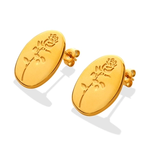 Titanium steel oval stud earrings featuring vintage rose relief in gold finish