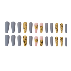 Matte long coffin fake nails with grey yellow flower patterns and grid texture 24pcs set