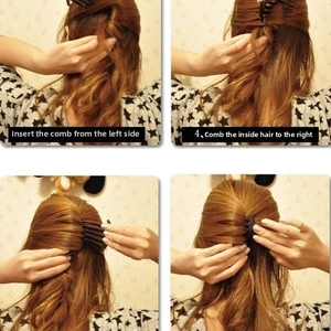 Detail showing step-by-step usage of black multi-tooth hair fork for French twist styling