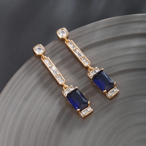 Elegant gold drop earrings with blue rectangular gemstone and zircon accents for women