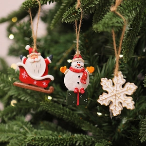 Christmas tree ornaments set featuring Santa, snowman, and snowflake with jute ropes
