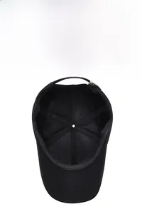 Detail view of the breathable mesh interior of this black casual baseball sun cap