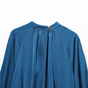 Blue satin high neck midi dress with elegant double gold button closure on the back