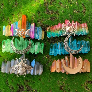Bohemian Crystal Hair Clip For Women Vintage Raw Quartz Spring Clip With Alloy Moon Sun Bee Decoration Party Hair Accessory