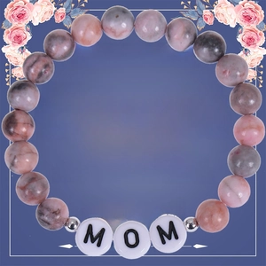 Detail of pink zebra stone bracelet with MOM beads and Bonus Mom message card
