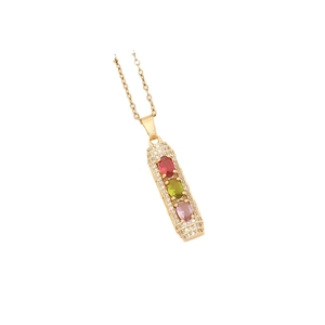 Golden stainless steel flower pendant necklace with colorful zirconia on a white background