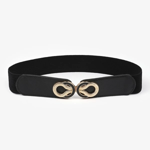 Women's vintage wide elastic waist belt with ornate golden interlocking buckles