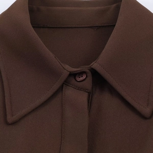 Detail eines kaffeebraunen Midikleids mit klassischem Hemdkragen und feiner Stoffstruktur