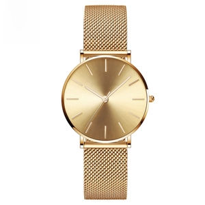 Elegant women's gold quartz watch with minimalist sunray dial and mesh strap