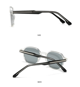 Polarized round sunglasses with side and back views showing silver temple details