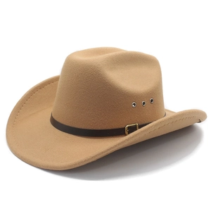 Detail of wide brim cowboy hat featuring brown leather band and metallic eyelets