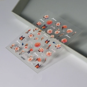 Aquarell Nagelsticker mit rosa Blumen und Schmetterlingen für 3D-Prägeeffekt Maniküre