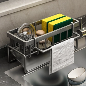 Kitchen Sink Caddy Organizer Stainless Steel Carbon Steel Sponge Holder Self Draining Pan Towel Bar Wall Mounted Rack