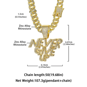 Golden Cuban chain necklace with iced-out NEVER GIVE UP letter pendant on white background