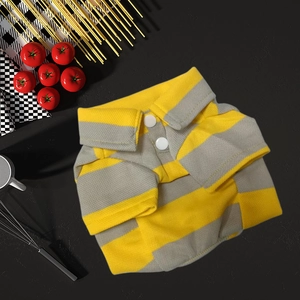 Breathable yellow and grey striped pet polo shirt for small dogs and cats in a kitchen setting