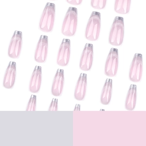French silver tip coffin fake nails in jelly pink cat eye style with silver glitter