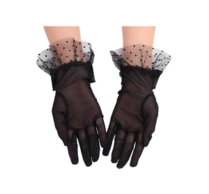 Detail of black polka dot mesh gloves with ruffled lace wrist design and sheer finish