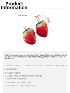 Detail of 15x22mm resin strawberry charms with red finish and green leaves for DIY jewelry