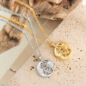 Retro sun and moon face pendant necklaces with crystals in gold and silver finishes