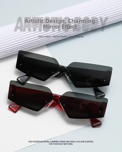 Detail view of stylish geometric rimless sunglasses with high-definition cut lenses