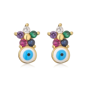Mini gold-tone evil eye stud earrings with zircon and colorful enamel on white background