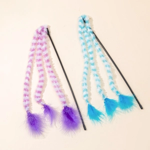 Detail of cat wand toys featuring purple and blue plush tassels with soft feather tips