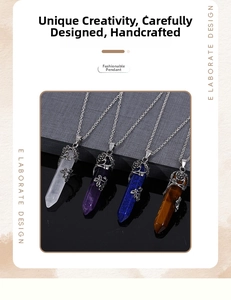Detailed view of hexagonal crystal pendants with intricate floral silver metal wraps