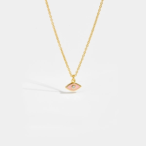 Elegant gold chain necklace with a pink enamel evil eye pendant and central crystal