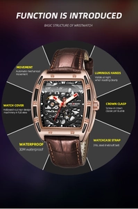 Detailed view of tonneau mechanical watch showing skeleton dial and leather strap
