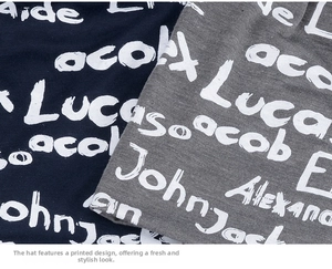 Close-up of soft knitted beanie fabric with stylish white letter print detail