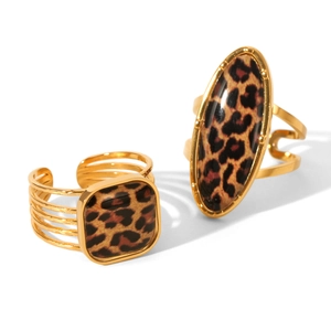 Gold-plated geometric leopard print rings with adjustable open band and layered design