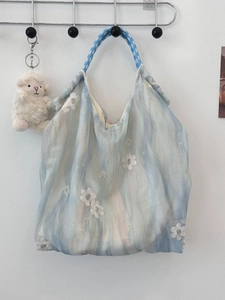Blue and white marble texture tote bag with delicate 3D lace floral embroidery