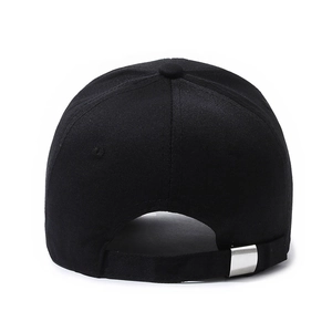 Rear view of black cotton baseball cap with adjustable metal buckle and ponytail hole