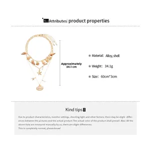 Detailed size measurement of layered alloy necklace with shell and starfish pendants