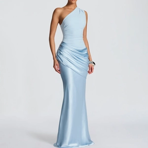Detail of light blue satin gown featuring one-shoulder design and elegant side ruching