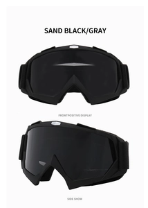 Front and side view of sand black ski goggles with gray lenses for outdoor protection