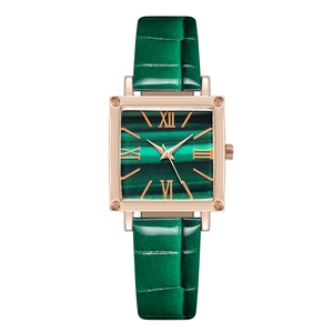 Elegant women's square quartz watch with green leather strap and rose gold metal case