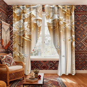 Detail of champagne gold velvet curtain with 3D floral prints and metal eyelet rings