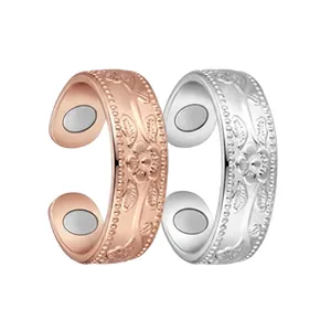 Detail showing two adjustable magnetic rings in rose gold and silver with floral patterns