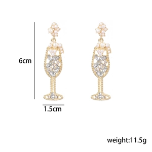 Detailed size view of champagne glass earrings with pearls and crystals measuring 6cm by 1.5cm
