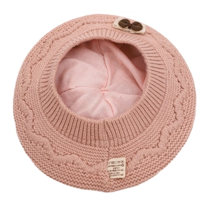 Pink knit beret with brown bow and pompom, thick warm winter hat for toddler girls