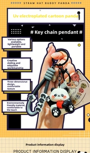 Detail of cute UV electroplated panda keychain with rubber strap and metal hook