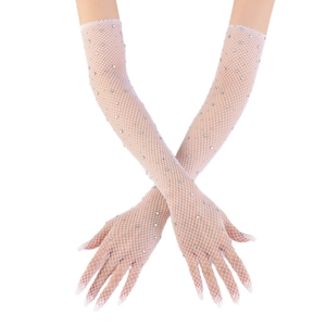 Detailed view of long white fishnet gloves with sparkling rhinestones on model arms