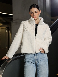 Women's cream faux fur jacket with high collar and zipper in short winter style