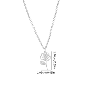 Minimalist stainless steel rose flower pendant necklace with dimensions 1.76cm by 1.09cm