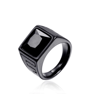 Vintage stainless steel signet ring for men featuring a square black gemstone inlay